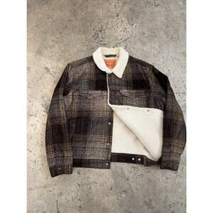 Levi's Men 16365 0168 Button Brown Plaid Sherpa Jean Denim Trucker Jacket XLarge